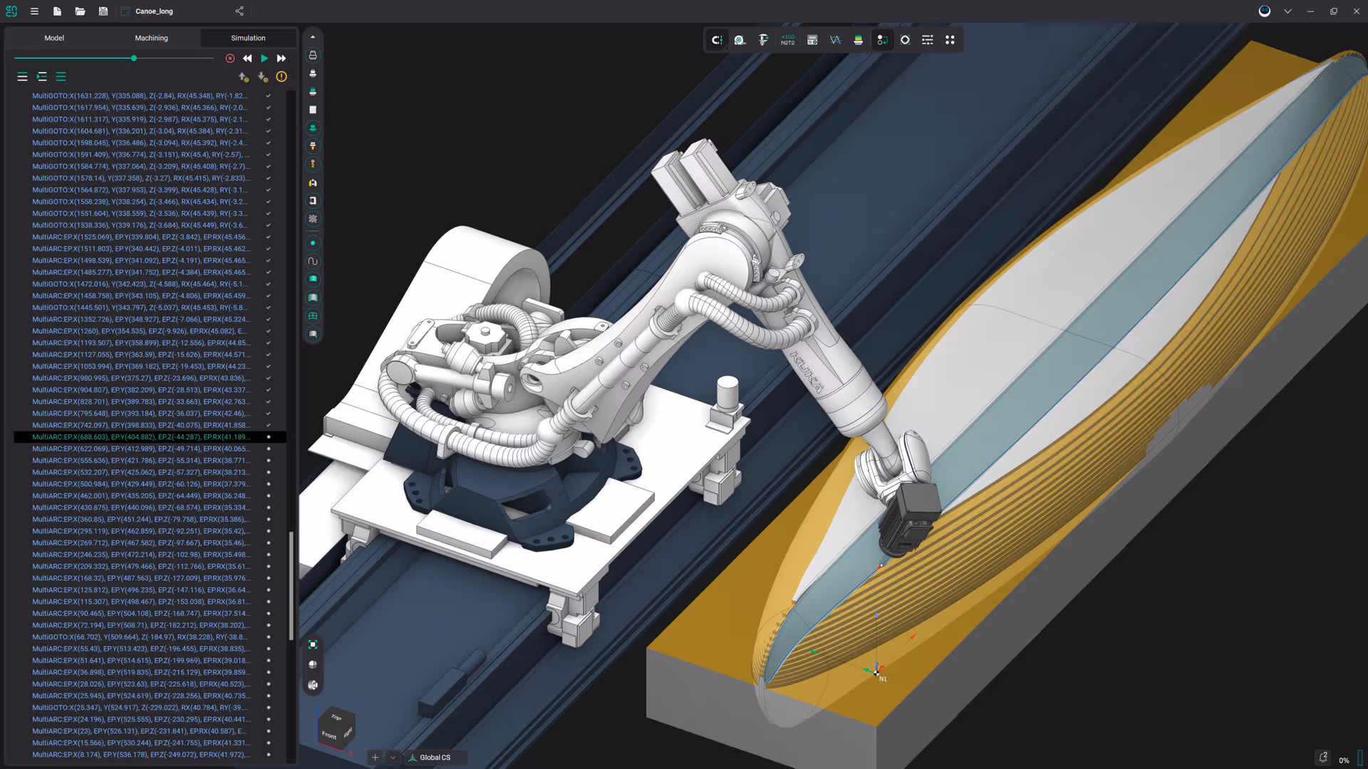 ENCY Robot screenshot — KUKA arm machining a hull form with the Simulation tab active